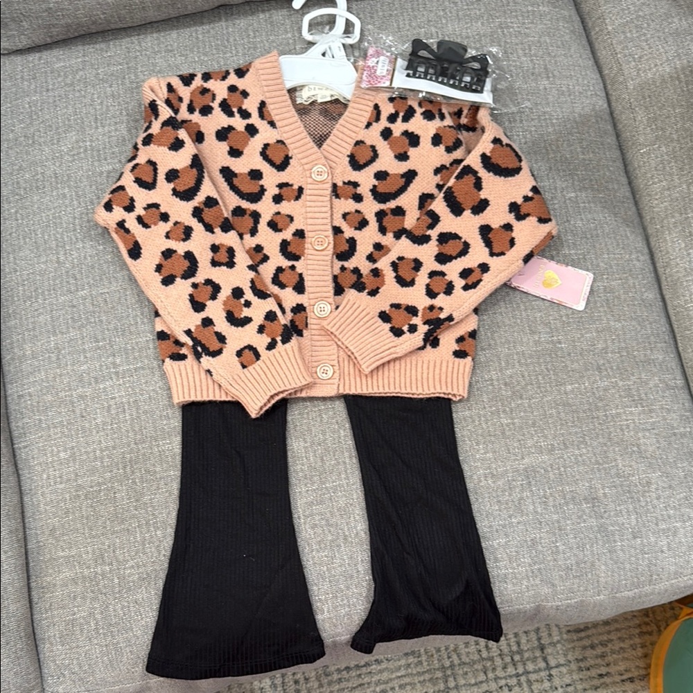 Leopard Print Cardigan and Black Pants Set